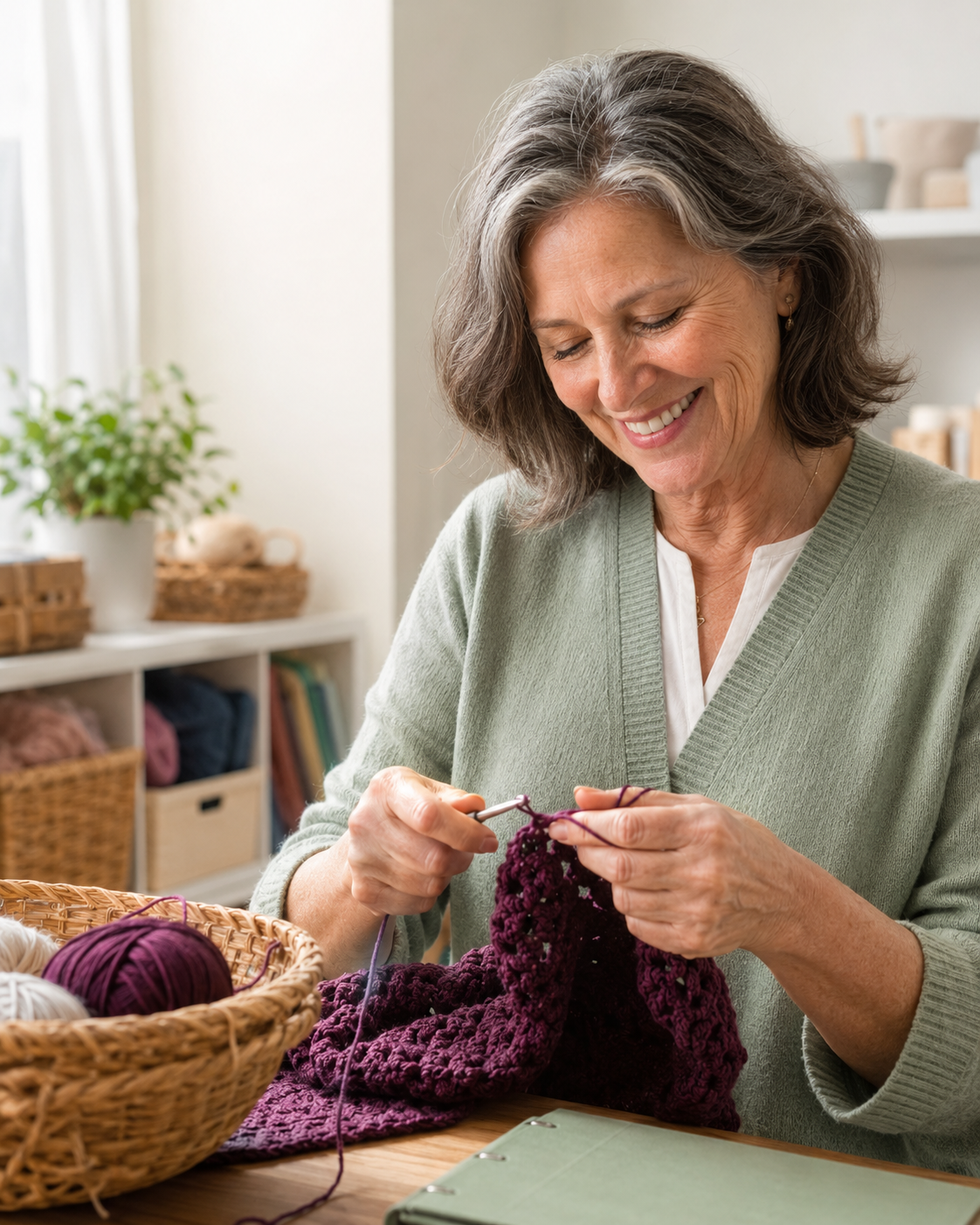 Woman happily crocheting in an organized craft room