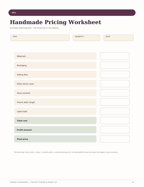 Handmade pricing worksheet printable preview