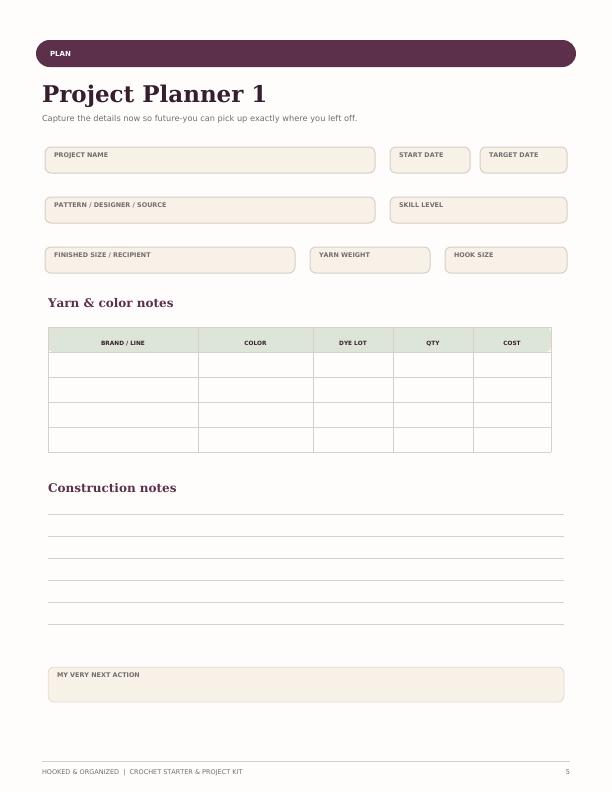 Crochet project planner printable preview