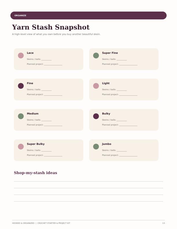 Yarn stash organizer printable preview